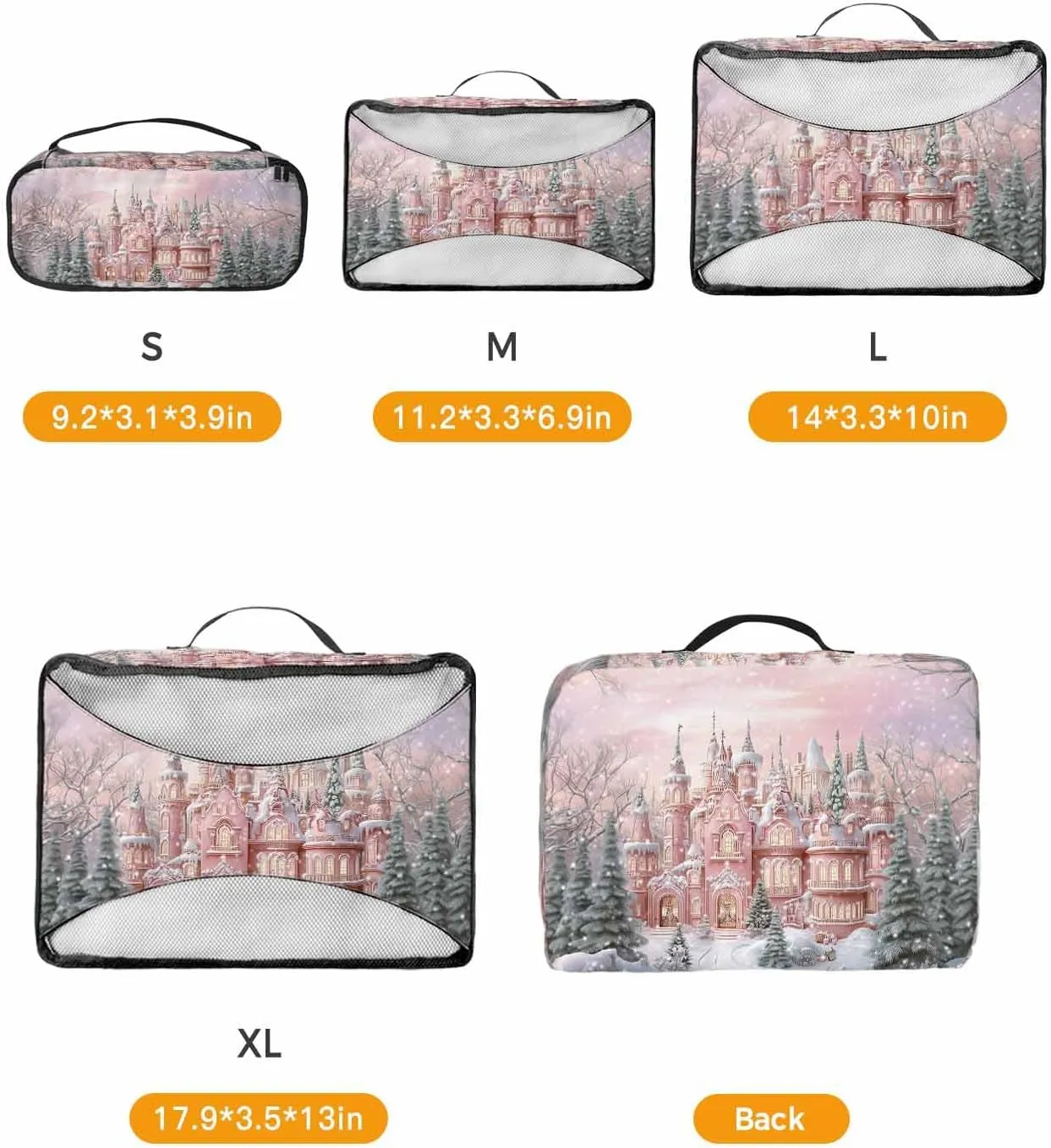 Christmas Peach Castles Pine Trees 4 Set Packing Cubes, Winter Snow Scenery Pastoral Packing Cubes for Carry on Suitcase Travel Essential Bag for Clothes Shoes Cosmetics Toiletry