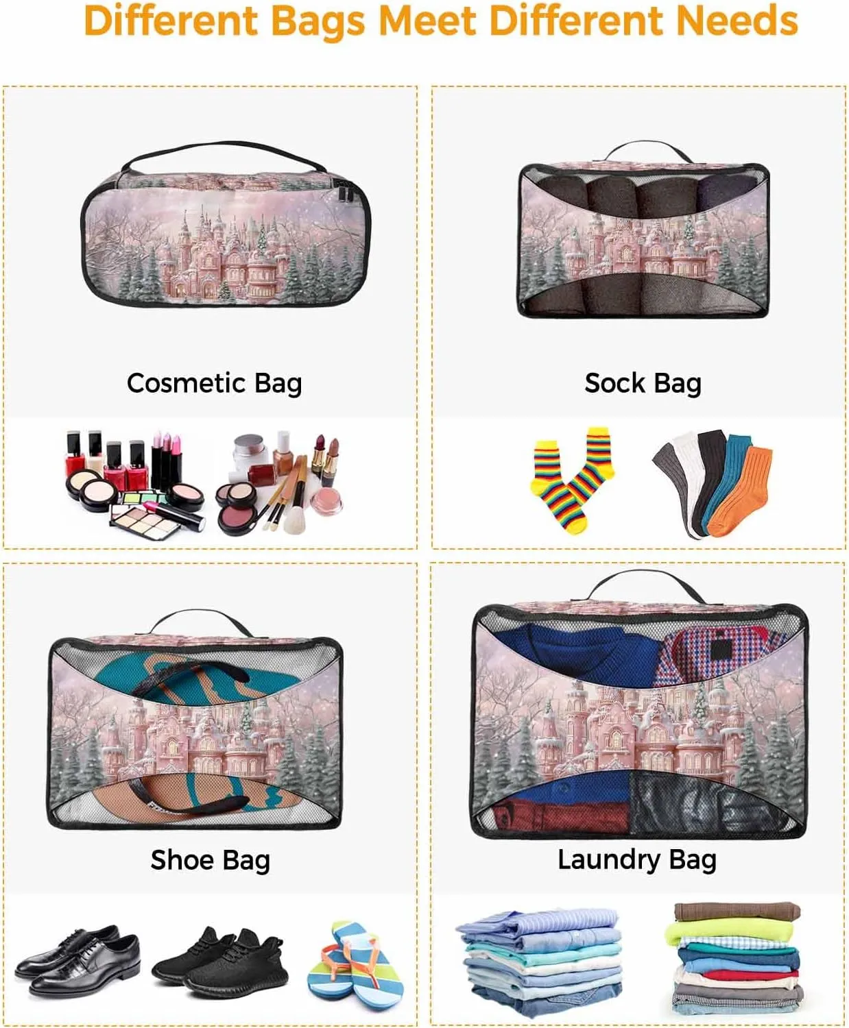 Christmas Peach Castles Pine Trees 4 Set Packing Cubes, Winter Snow Scenery Pastoral Packing Cubes for Carry on Suitcase Travel Essential Bag for Clothes Shoes Cosmetics Toiletry