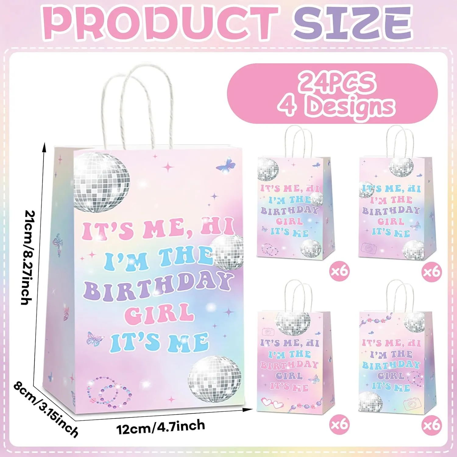 CHUNNIN 24Pcs Music Birthday Party Paper Bags Popular Music Party Goodies Bags with Handles, Double Sided Hi Im the Birthday Girl Gift Bags for Bachelorette Music Theme Party Favors
