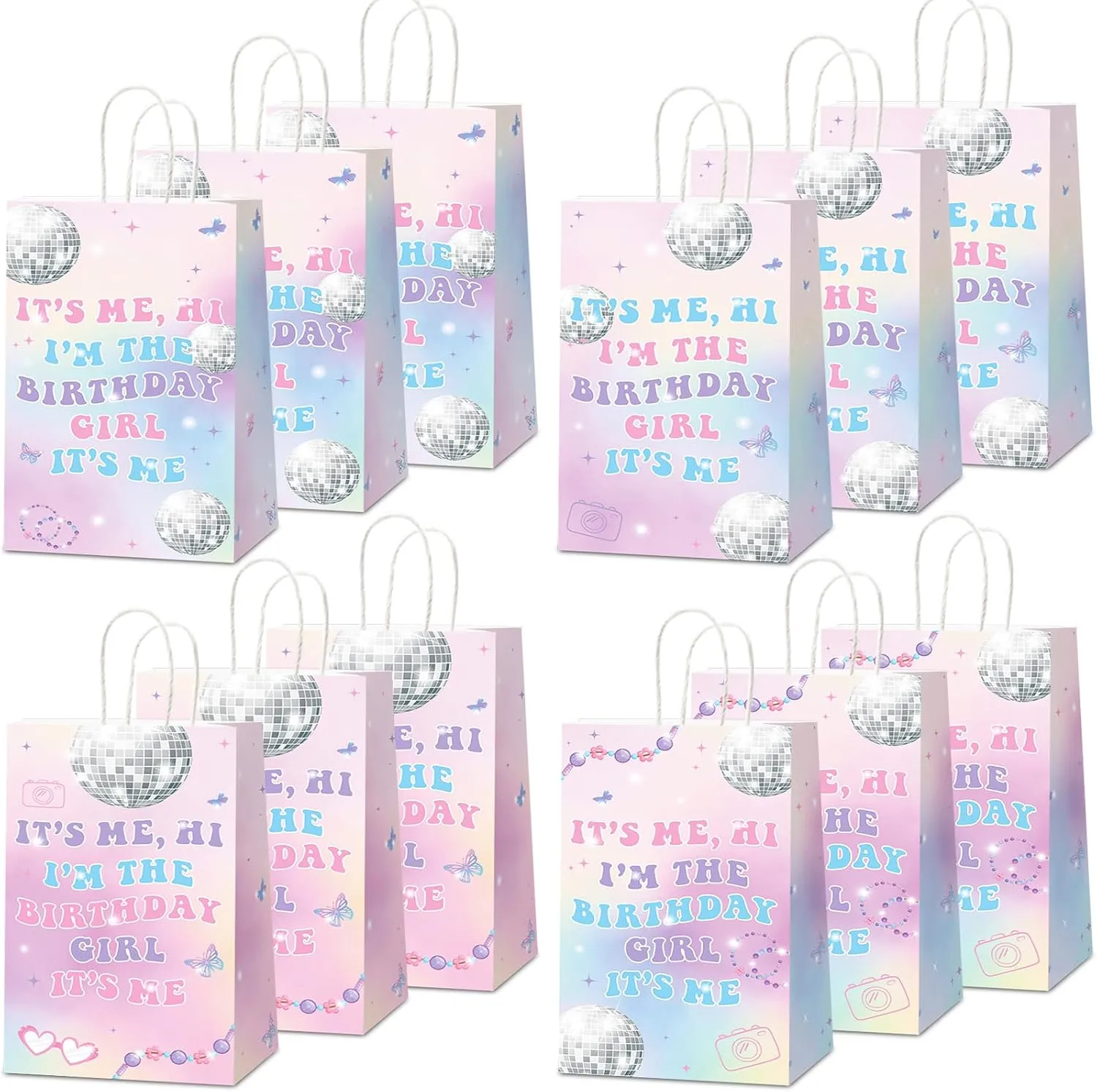 CHUNNIN 24Pcs Music Birthday Party Paper Bags Popular Music Party Goodies Bags with Handles, Double Sided Hi Im the Birthday Girl Gift Bags for Bachelorette Music Theme Party Favors