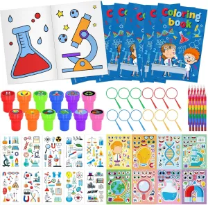 Cinrobiye 72 PCS Science Coloring Books Party Favors Set Science Party Favors Goodie Bag Fillers Science Birthday Supplies DIY Scene Stickers Temporary Tattoos Prizes Art Crafts for Home Classroom