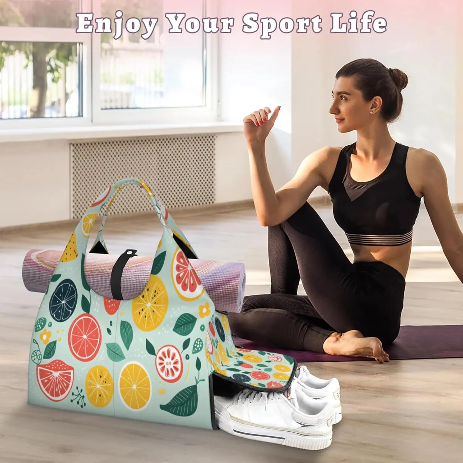 Citrus Slice Refresh Waterproof Gym Bag for Men Women, Sports Duffel Bag with Shoe Compartment Yoga Mat Holder, Portable Large Travel Bag for Fitness, Camping, Weekend Trips