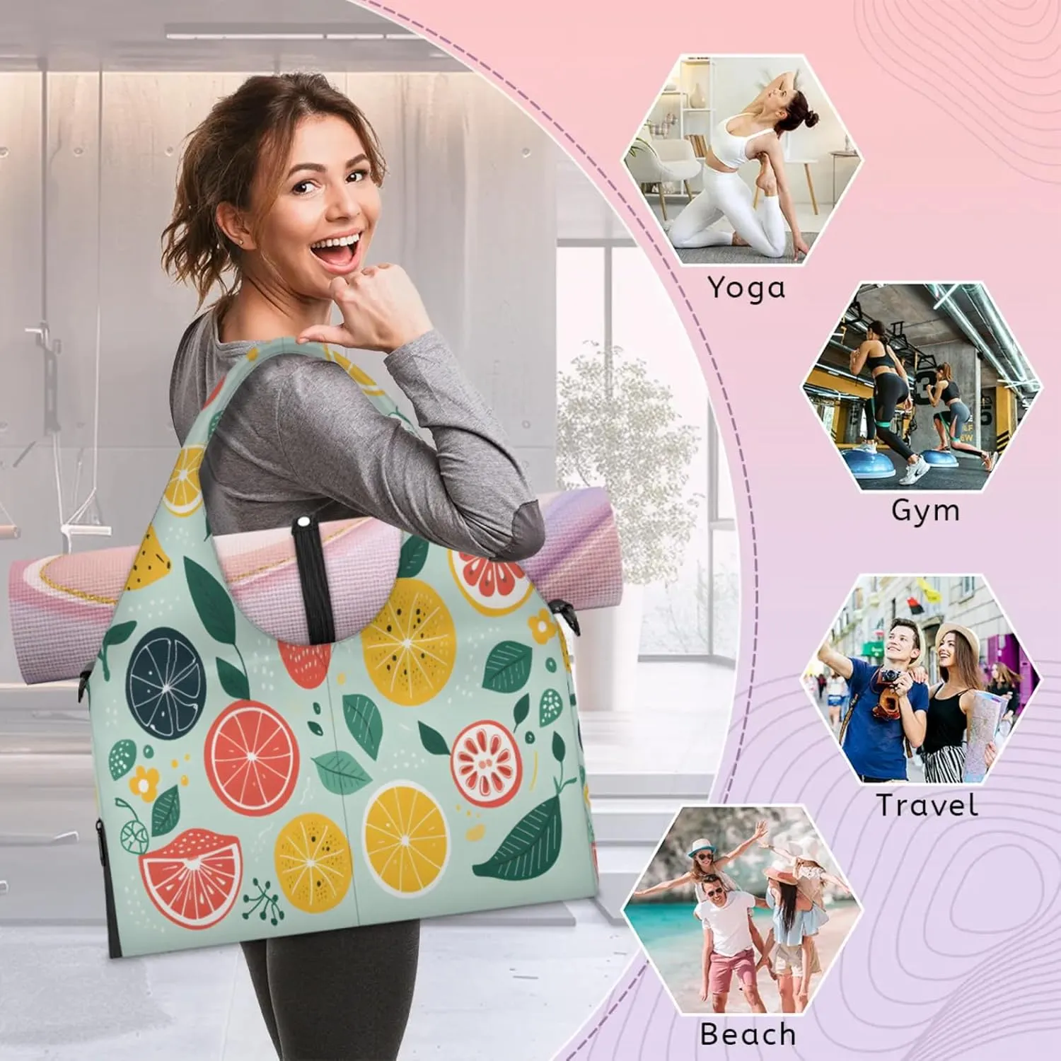 Citrus Slice Refresh Waterproof Gym Bag for Men Women, Sports Duffel Bag with Shoe Compartment Yoga Mat Holder, Portable Large Travel Bag for Fitness, Camping, Weekend Trips
