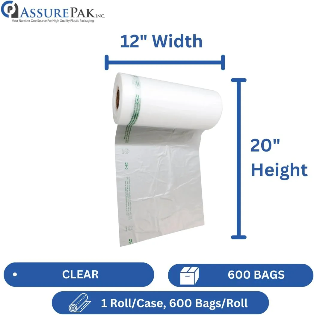 Clear Produce Roll 12"x20" – 600 HDPE Bags (11 Microns, Natural Color) for Food Storage, Grocery Use, Small Business, Reusable Produce, Kitchen Needs, Fresh Food, Storage Solution