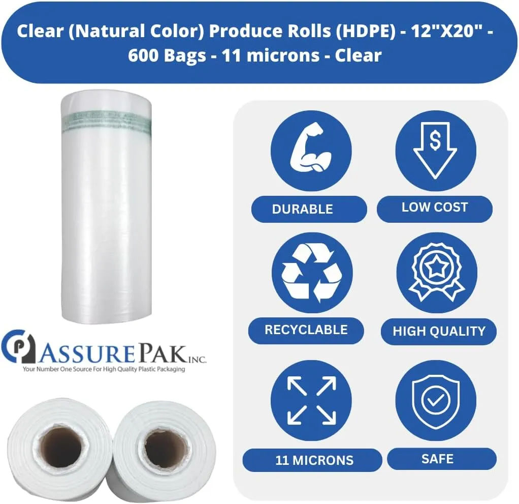 Clear Produce Roll 12"x20" – 600 HDPE Bags (11 Microns, Natural Color) for Food Storage, Grocery Use, Small Business, Reusable Produce, Kitchen Needs, Fresh Food, Storage Solution