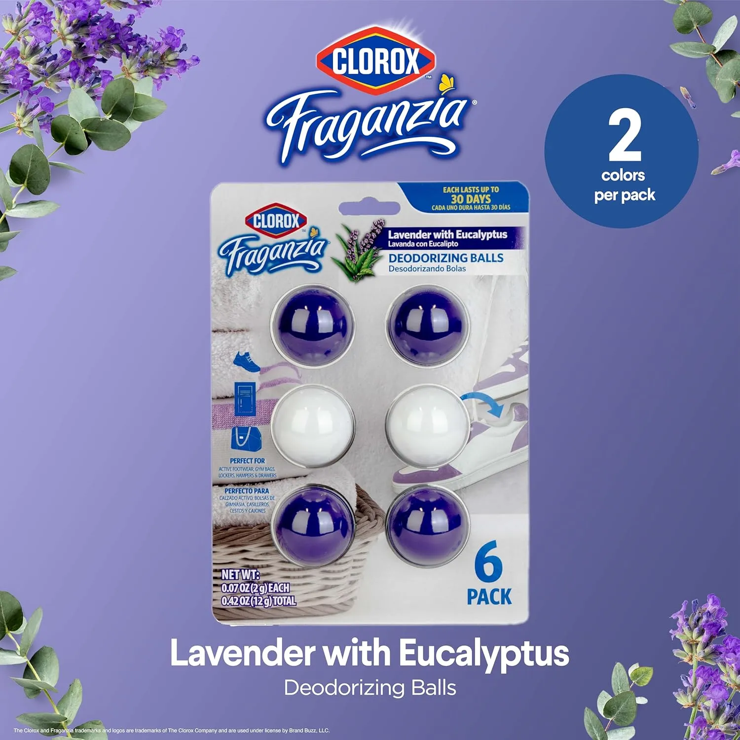Clorox Fraganzia Deodorizing Balls in Lavender with Eucalyptus, 6pk - No-Plug, Battery-Free Air Freshener for Shoes, Gym Bags, Lockers, Hampers, and Drawers, 6 Air Freshener Units - 12 Pack