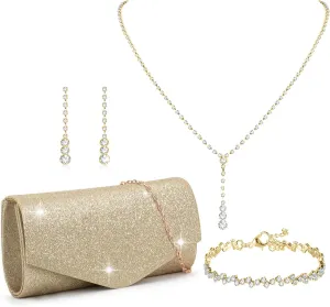 Clutch Purse Jewelry Set for Women Evening Bags Silver Gold Rhinestone Crystal Necklace Earrings Bracelet Set Formal Wedding Bridal Accessories Jewelry for Prom