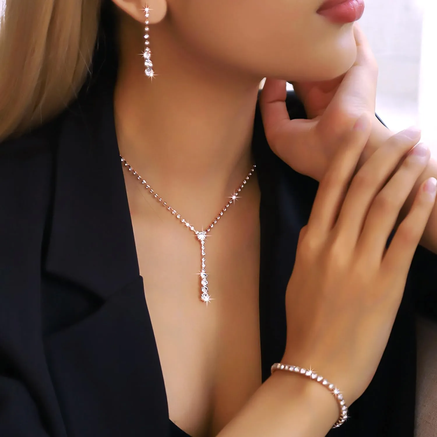 Clutch Purse Jewelry Set for Women Evening Bags Silver Gold Rhinestone Crystal Necklace Earrings Bracelet Set Formal Wedding Bridal Accessories Jewelry for Prom