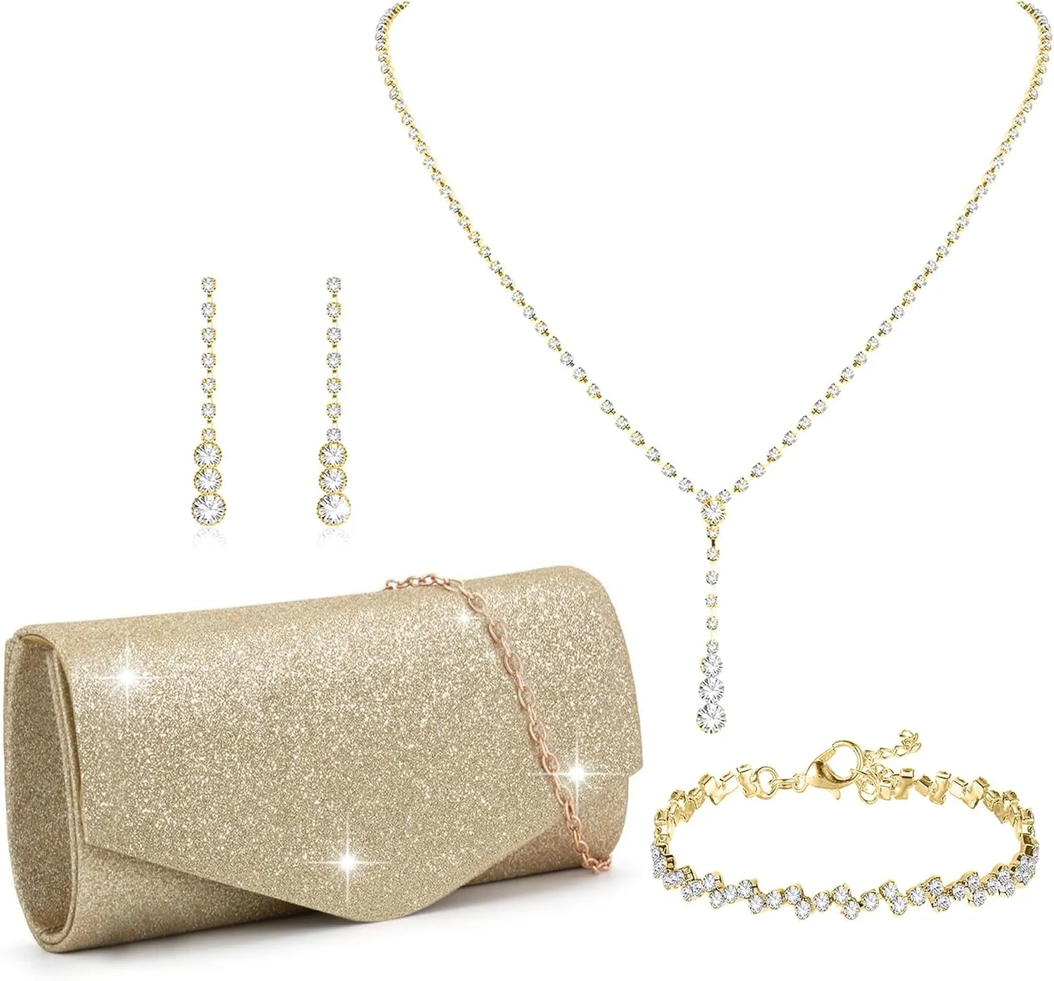 Clutch Purse Jewelry Set for Women Evening Bags Silver Gold Rhinestone Crystal Necklace Earrings Bracelet Set Formal Wedding Bridal Accessories Jewelry for Prom
