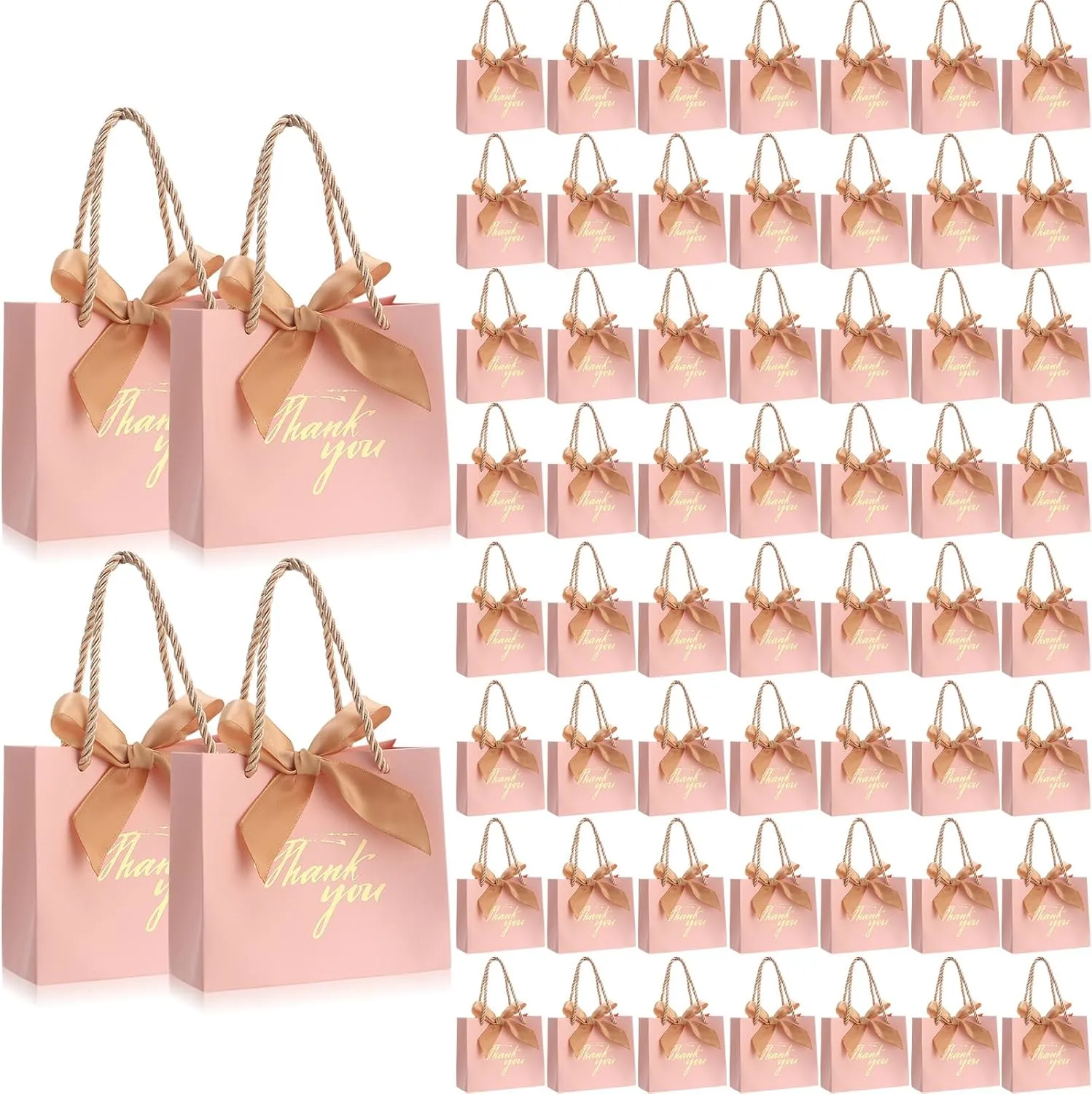 Colarr 60 Pcs Small Thank You Gift Bags Mini Party Favor Candy Bags with Handles and Bow Ribbon for Wedding Birthday Baby Shower Guest Valentines Day Party Supplies(Champagne Gold Ribbon)