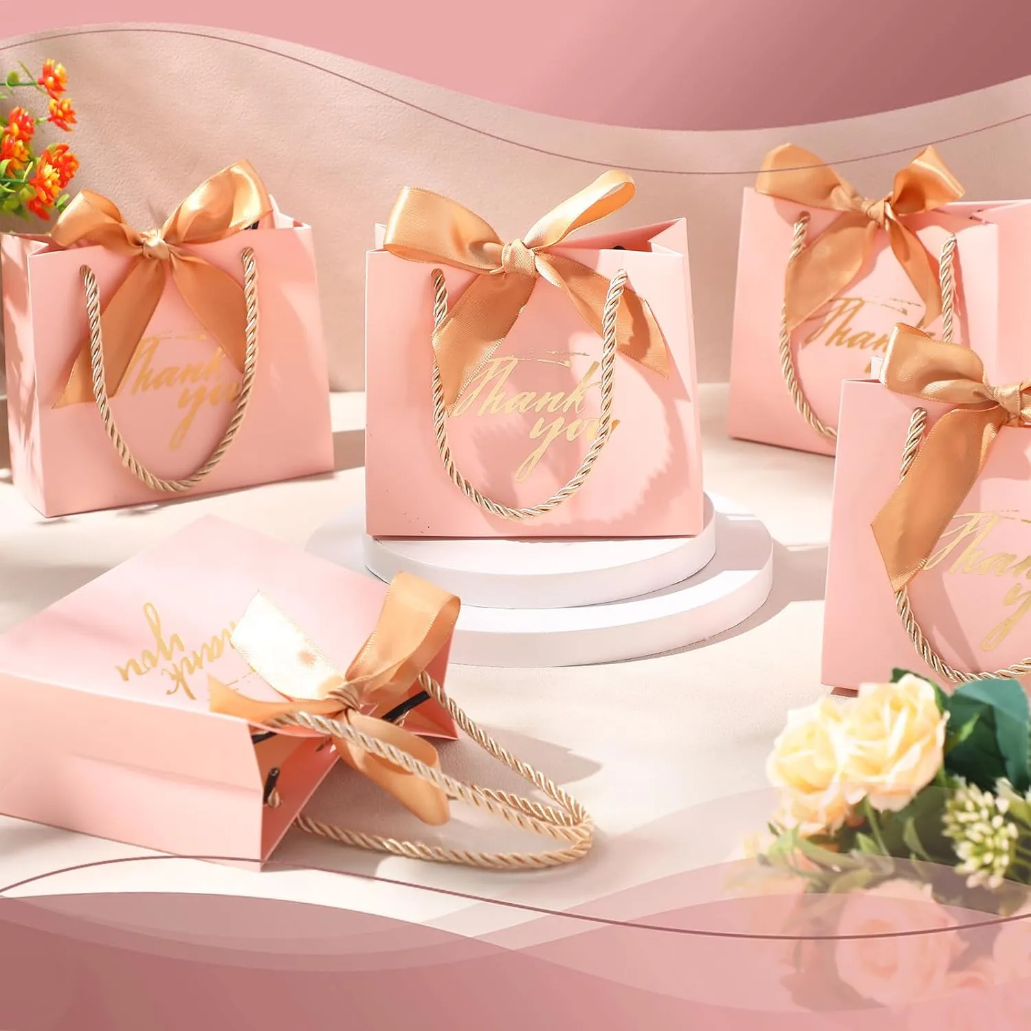 Colarr 60 Pcs Small Thank You Gift Bags Mini Party Favor Candy Bags with Handles and Bow Ribbon for Wedding Birthday Baby Shower Guest Valentines Day Party Supplies(Champagne Gold Ribbon)