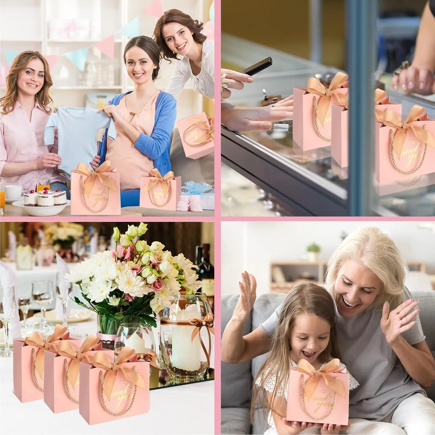 Colarr 60 Pcs Small Thank You Gift Bags Mini Party Favor Candy Bags with Handles and Bow Ribbon for Wedding Birthday Baby Shower Guest Valentines Day Party Supplies(Champagne Gold Ribbon)
