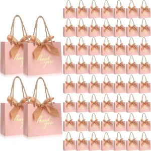 Colarr 60 Pcs Small Thank You Gift Bags Mini Party Favor Candy Bags with Handles and Bow Ribbon for Wedding Birthday Baby Shower Guest Valentines Day Party Supplies(Champagne Gold Ribbon)