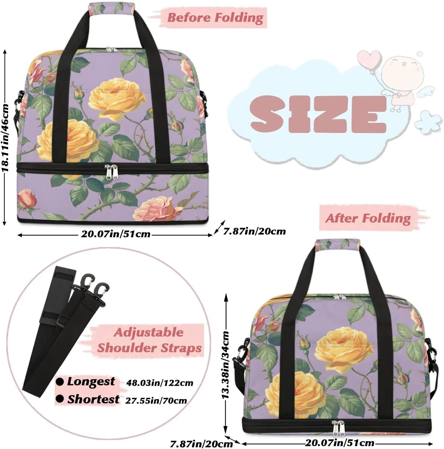 Colorful Flora Beauty Printing Travel Duffle Bag, Collapsible Travel Bag Sports Gym Bag With Shoes Compartment Weekender Bag Overnight Bag For Women Men