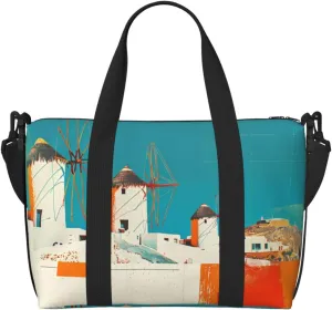 Colorful Greek Windmills Travel Duffle Bag For Women Men Weekender Overnight Bag Gym Bag For Women, Carry On Airport Bag, Travel Tote Bag With Strap For Gym Travel Business Trips