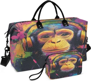 Colorful Headphone Gorilla Sports Gym Bag for Women Men Travel Duffel Bag Weekend Overnight Carry on Bag with Toiletry Bag Hospital Bag for Yoga Workout Swimming Hospital Plane