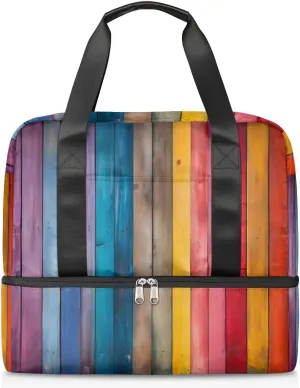 Colorful Painted Wood Travel Duffel Bag Dry Wet Separated Sports Tote Travel Duffle Bag Gym Workout Bag Women Travel Duffel Bag for Women, Travel, Gym, Work