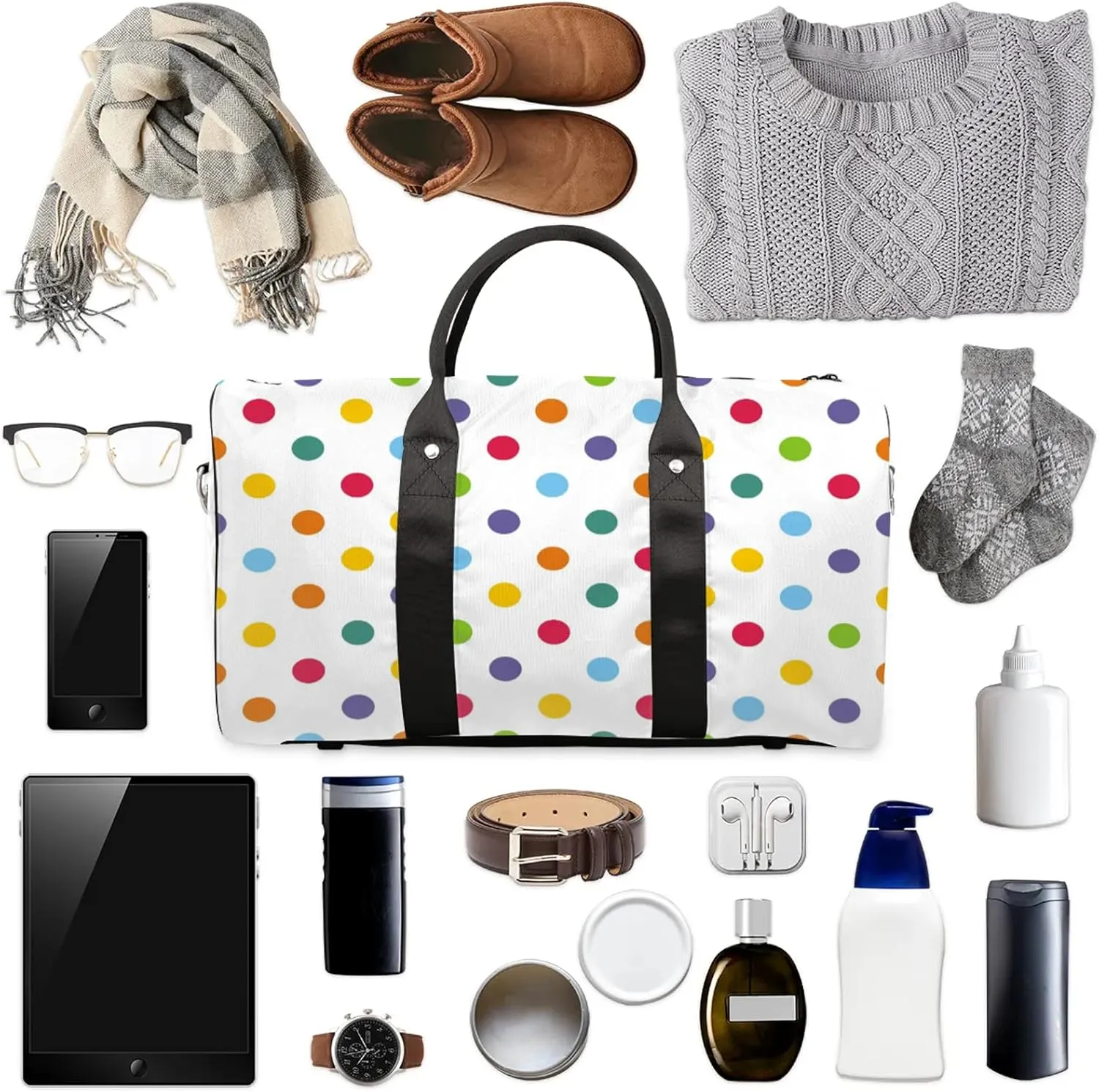 Colorful Polka Dots Travel Duffle Bag, Weekender Bags for Women Men, Carry on Overnight Bag Waterproof Gym Bags, Hospital Bag for Labor and Delivery