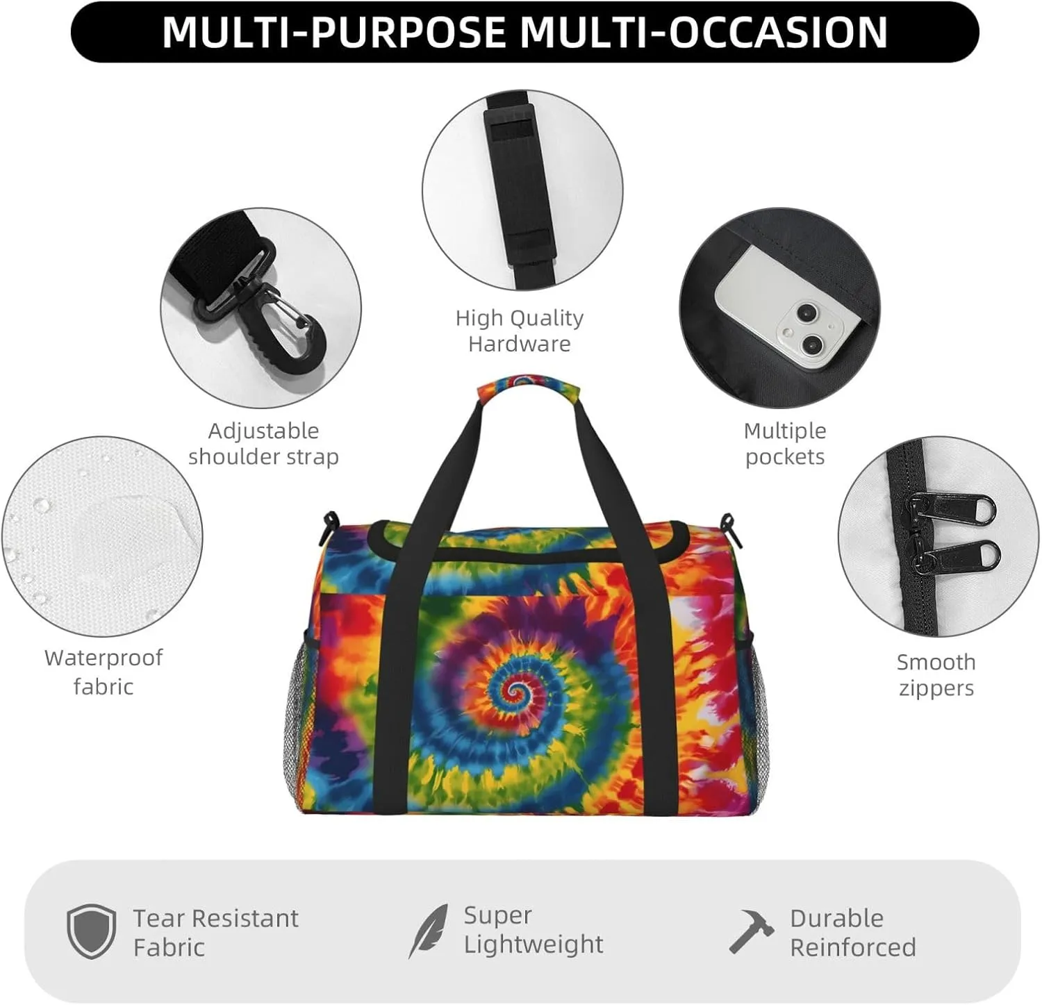 Colorful Tie Dye Spiral Travel Weekender Overnight Bags Foldable Hand Travel Bag Sport Gym Duffel Bag For Men Women