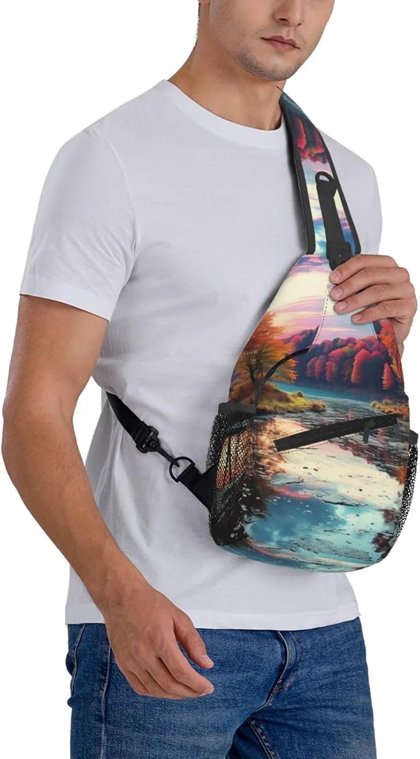 Colorful Trees Lake River Pond Sling Bag Backpack For Men Cross Chest Bag Crossbody Shoulder Bag Travel Hiking Daypack