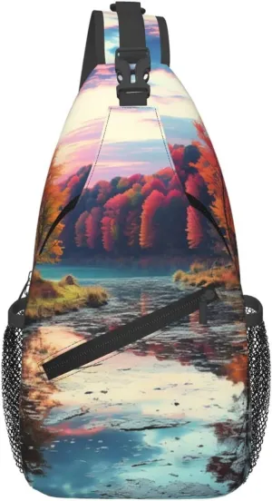 Colorful Trees Lake River Pond Sling Bag Backpack For Men Cross Chest Bag Crossbody Shoulder Bag Travel Hiking Daypack
