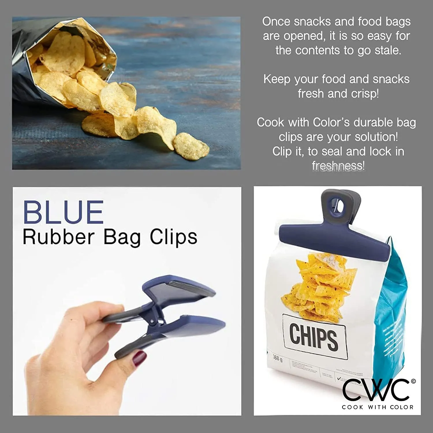 COOK WITH COLOR Food Clips - Wide Heavy Duty Chip Clips, Large Bag Clips for Food Storage with Air Tight Seal Grip, Pack of 4, Blue