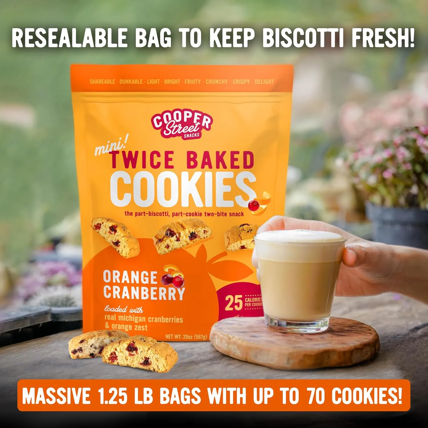 Cooper Street Twice Baked Orange Cranberry Biscotti Cookies - 1.25 Lb - Light and Crispy Coffee Cookie Bites - Low Calorie Italian Snacks for Adults & Kids - Kosher, Dairy, Peanut & Soy Free