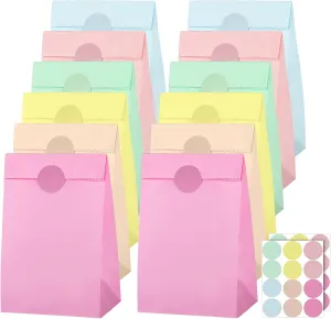 Cooraby 30 Pack Pastel Gift Candy Paper Bags with Stickers 5.1 x 3.1 x 9.4 Inches Snack Sweet Craft Bags for Birthday Wedding Party Anniversaries with 48 Stickers