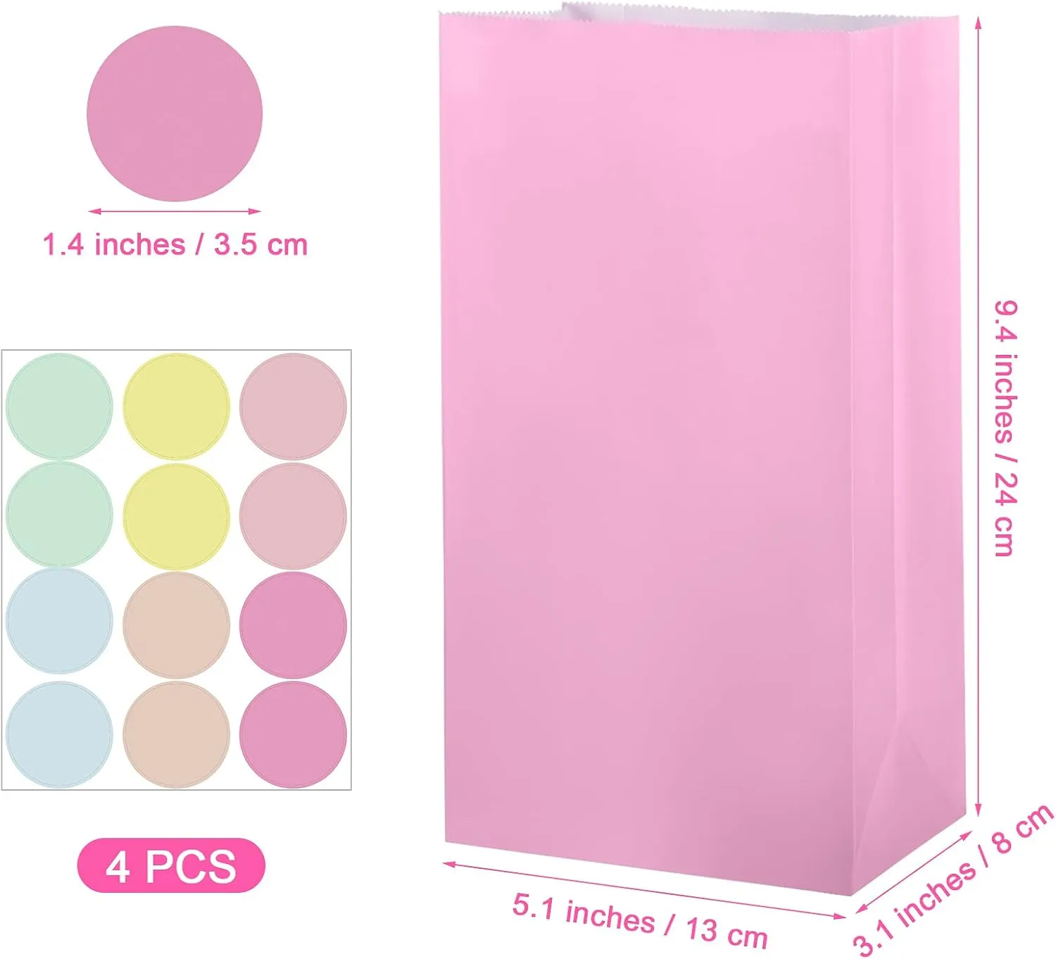 Cooraby 30 Pack Pastel Gift Candy Paper Bags with Stickers 5.1 x 3.1 x 9.4 Inches Snack Sweet Craft Bags for Birthday Wedding Party Anniversaries with 48 Stickers