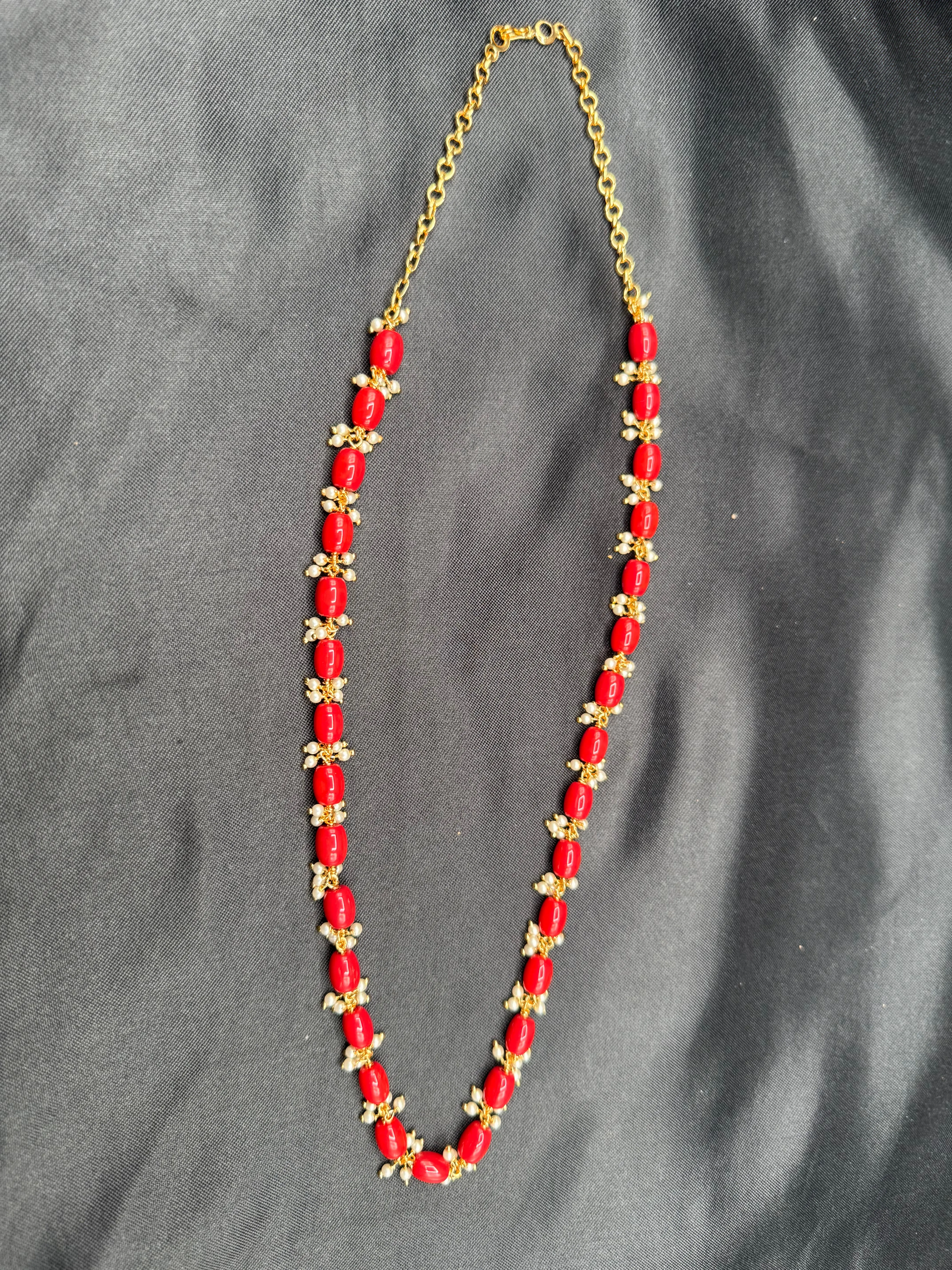 Coral beads with Swarovski pearls simple chain