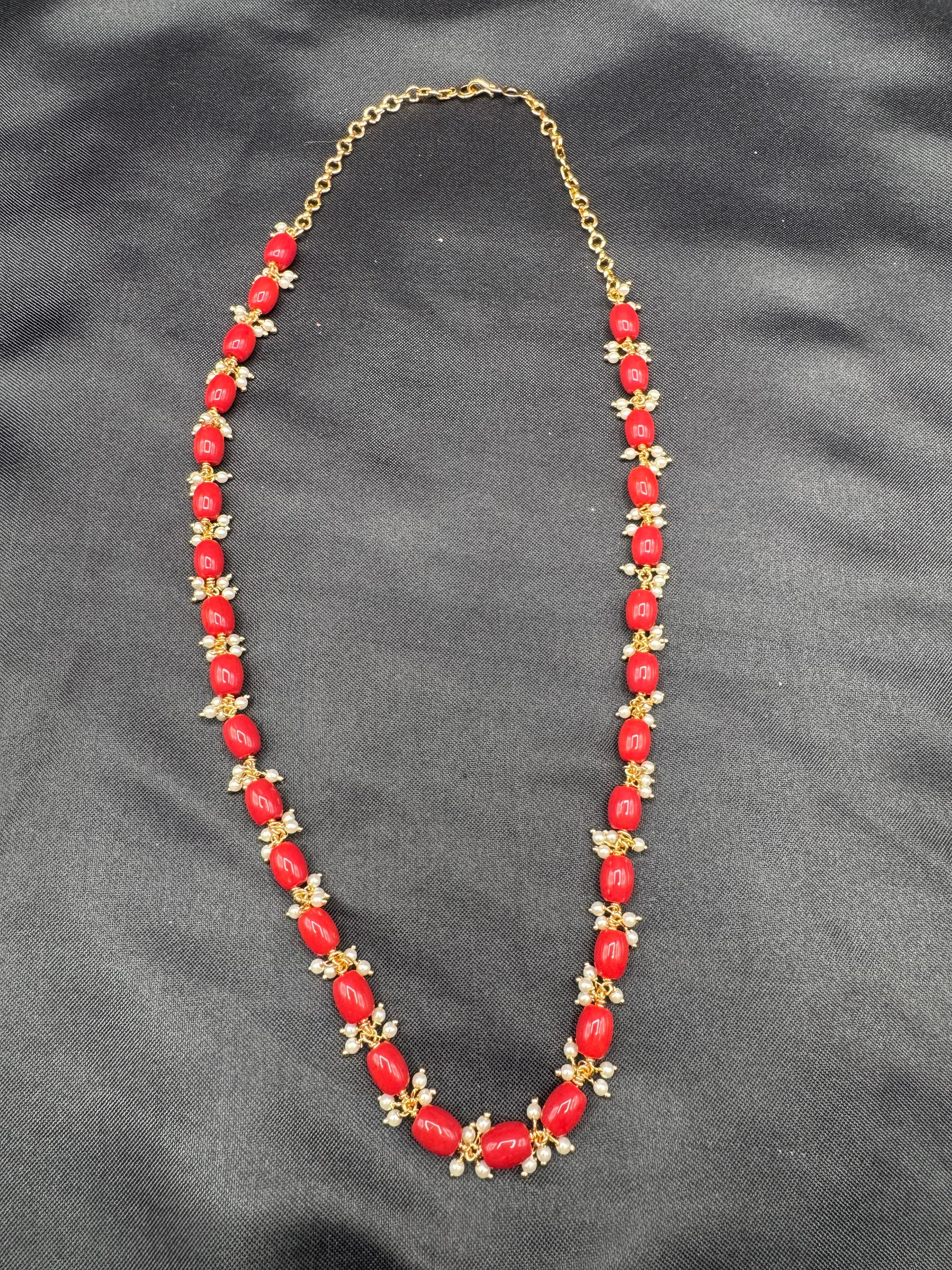 Coral beads with Swarovski pearls simple chain