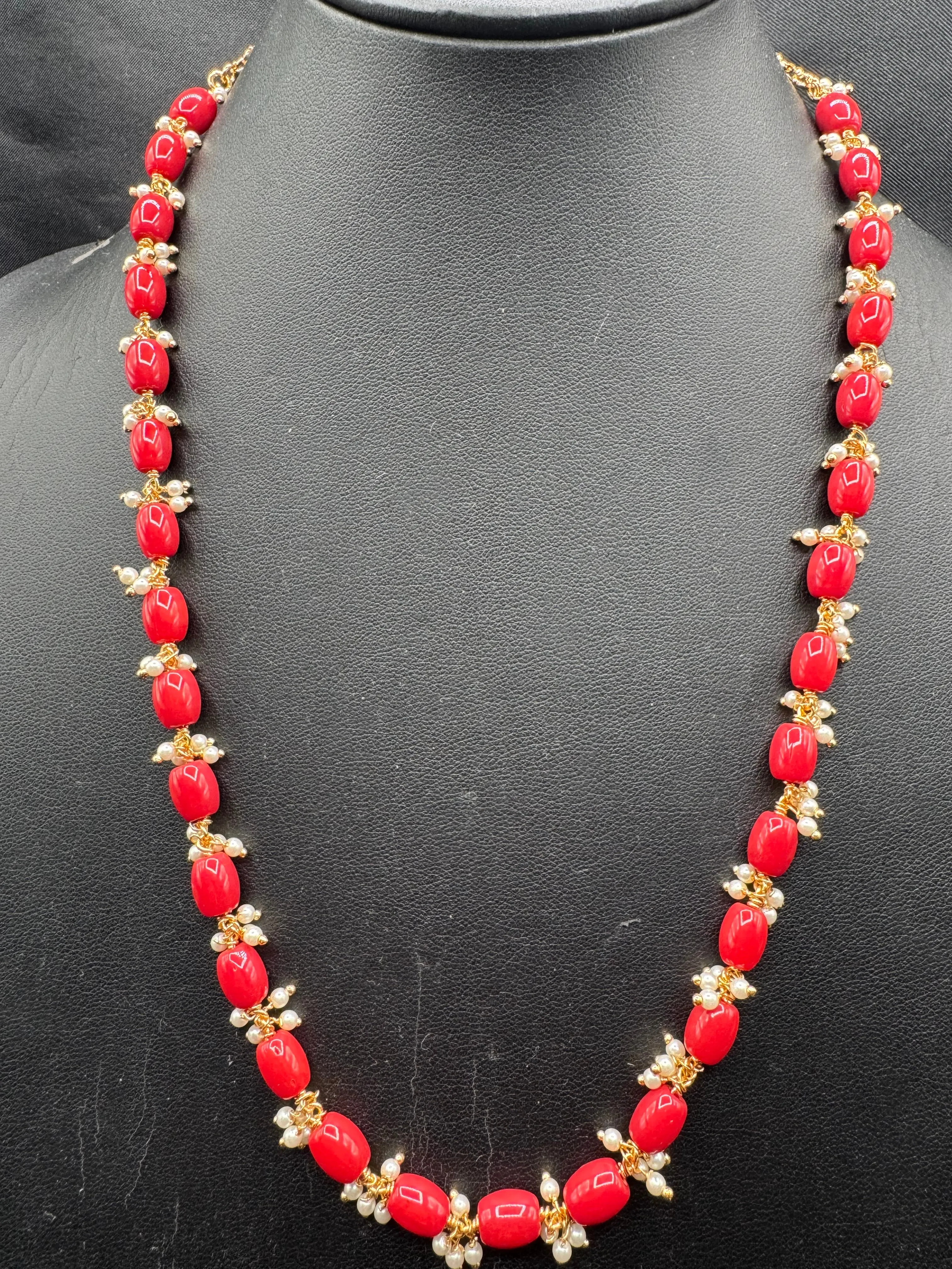Coral beads with Swarovski pearls simple chain