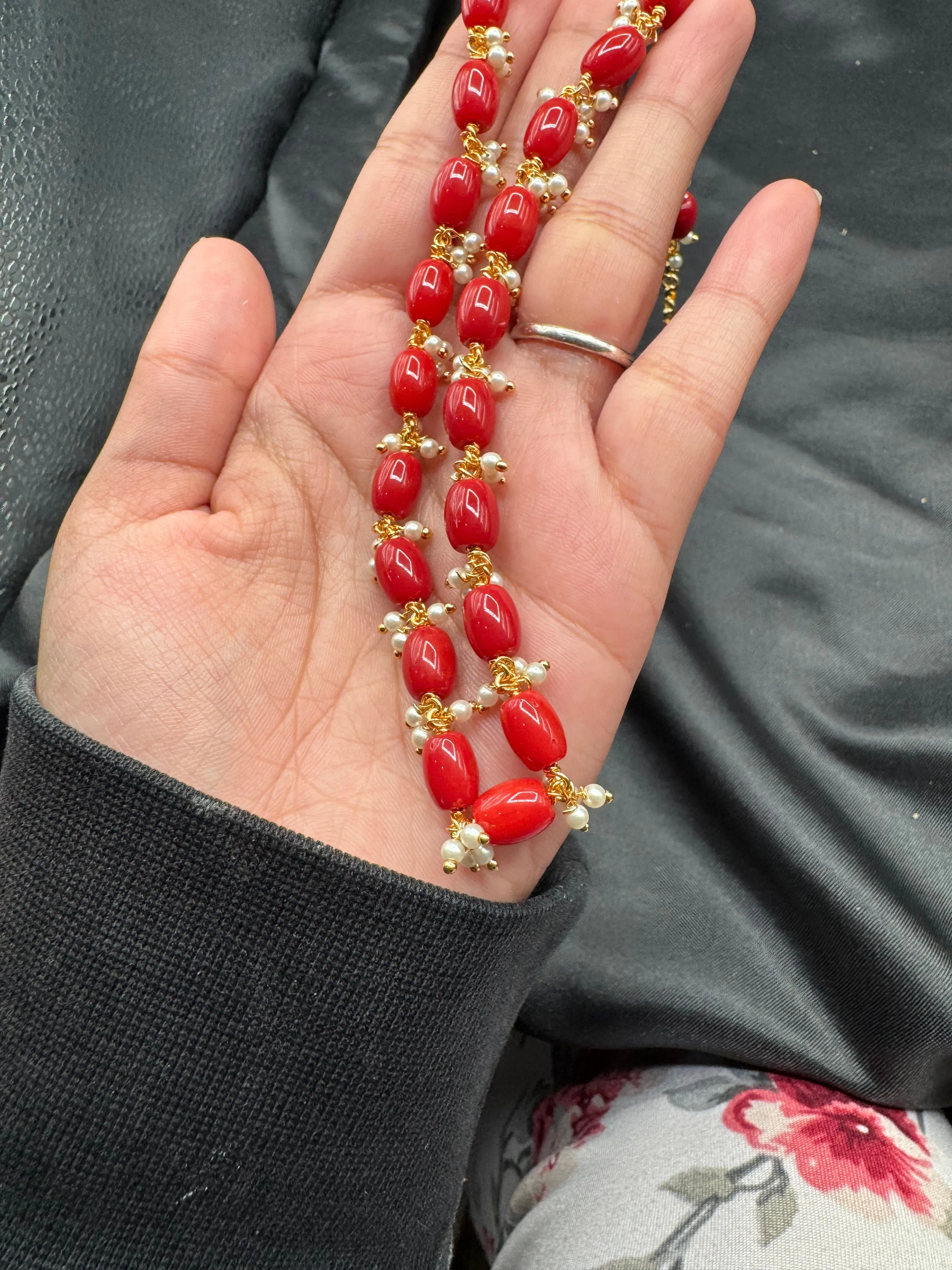 Coral beads with Swarovski pearls simple chain