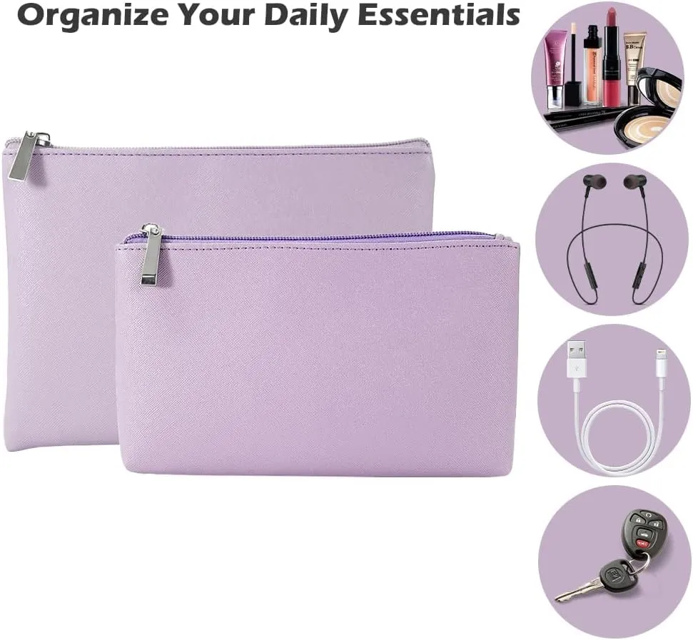 Cosmetic Bag for Women, 2pcs Cute Makeup Pouch for Travel, Makeup Bag Set for Purse, Water-resistant Zipper Pouch for Girls, Purple