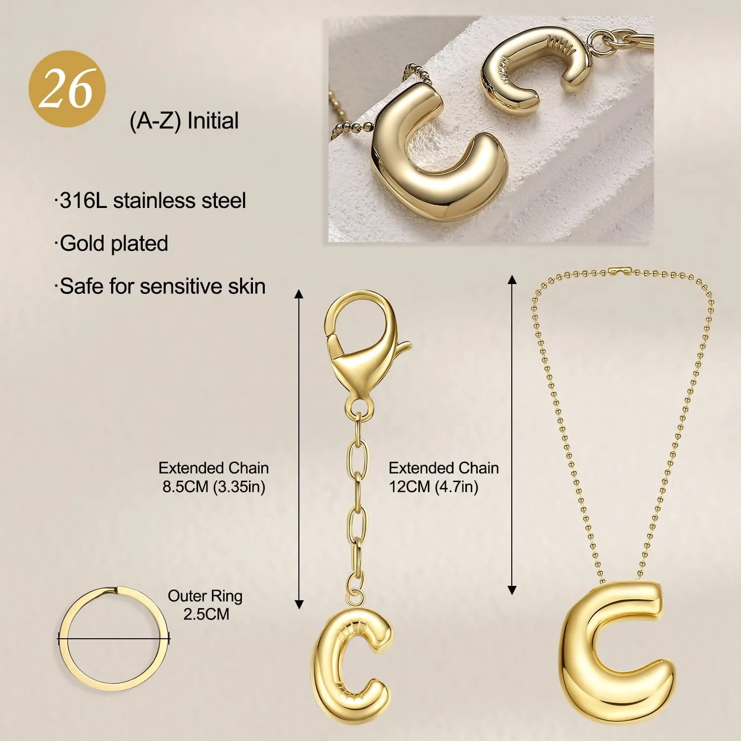 COTATI Gold Bubble Letter Keychain for Women Initial Monogram Pendant Charm Keychains for Bag Handbags Purse