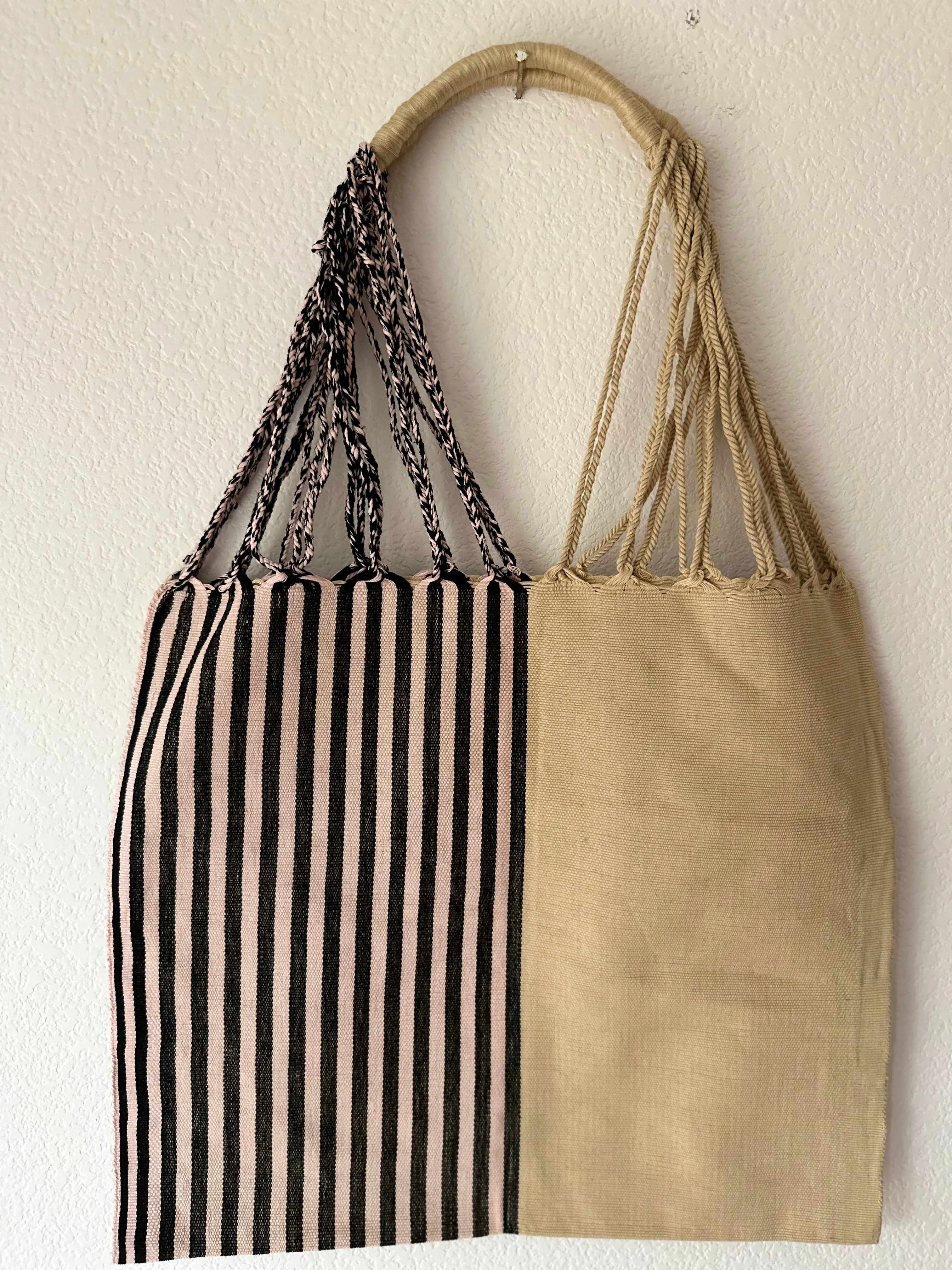 Cream and Black Loom Tote Bag
