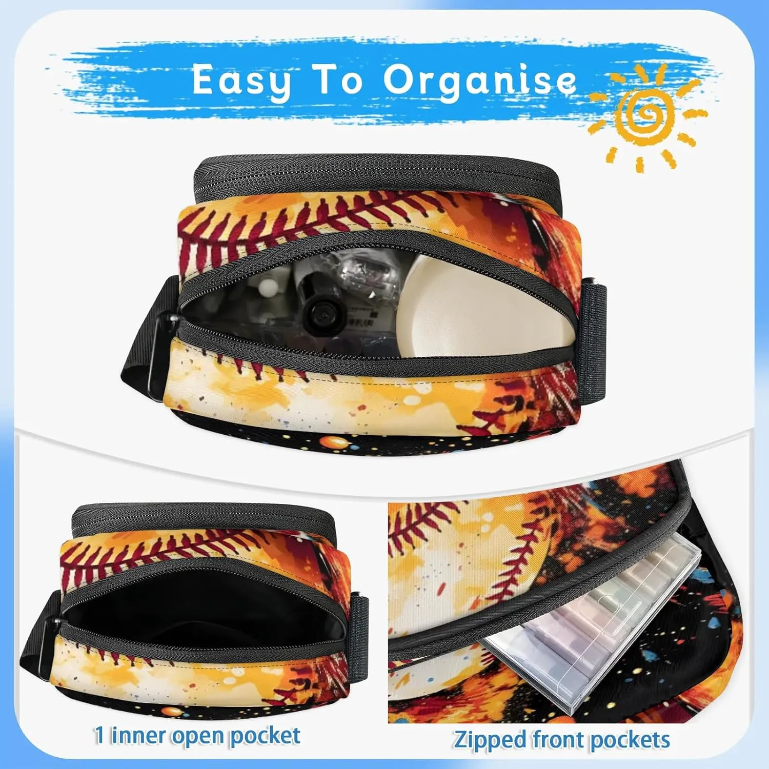Crossbody Bag Small Sling Backpack Baseball Colorful Ball Shoulder Bags Chest Pack Cross Body Daypack Belt Purses for Travel Cycling Skating