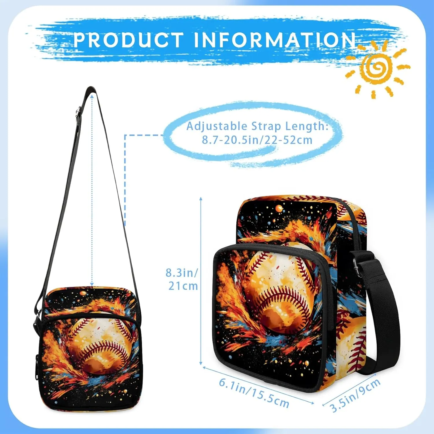 Crossbody Bag Small Sling Backpack Baseball Colorful Ball Shoulder Bags Chest Pack Cross Body Daypack Belt Purses for Travel Cycling Skating