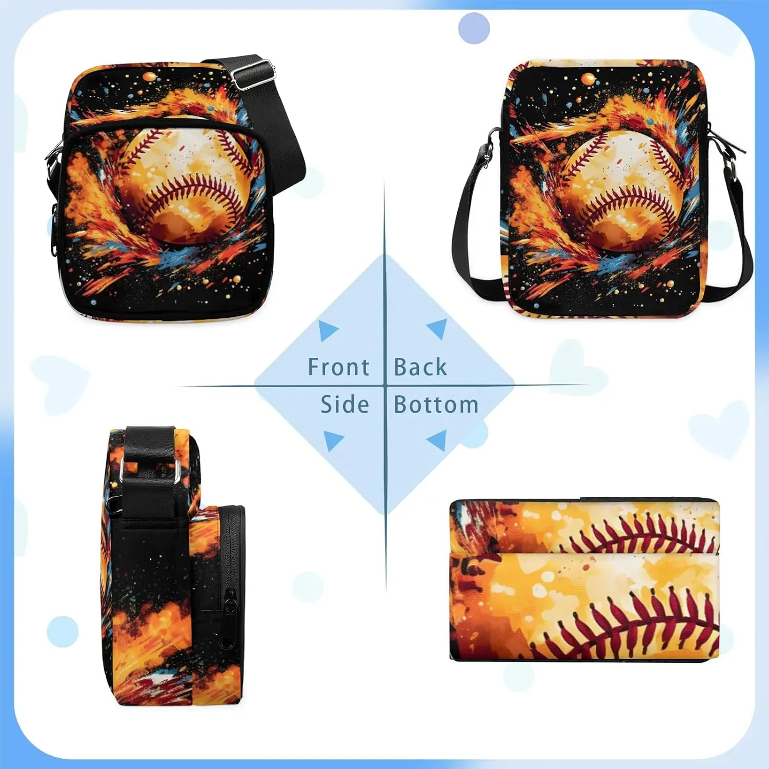 Crossbody Bag Small Sling Backpack Baseball Colorful Ball Shoulder Bags Chest Pack Cross Body Daypack Belt Purses for Travel Cycling Skating