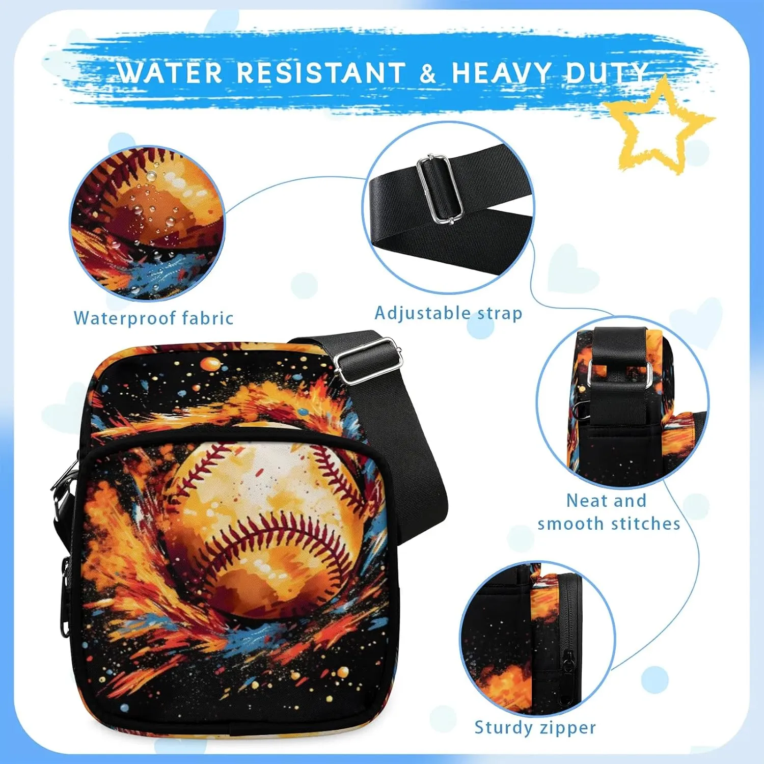 Crossbody Bag Small Sling Backpack Baseball Colorful Ball Shoulder Bags Chest Pack Cross Body Daypack Belt Purses for Travel Cycling Skating