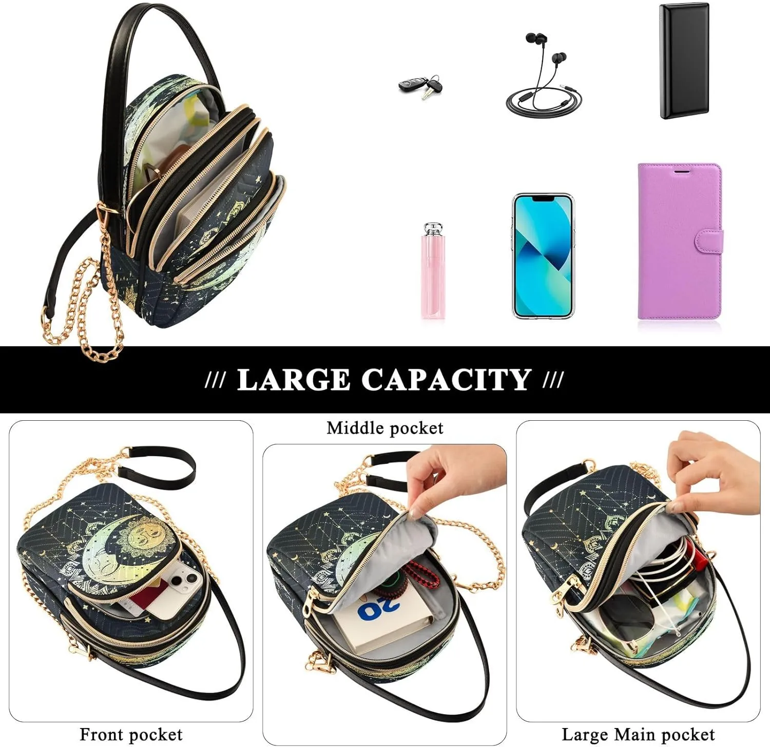 Crossbody Bags Crossbody Purse Chest Bag Golden Sun Moon Stars Boho for Women Trendy