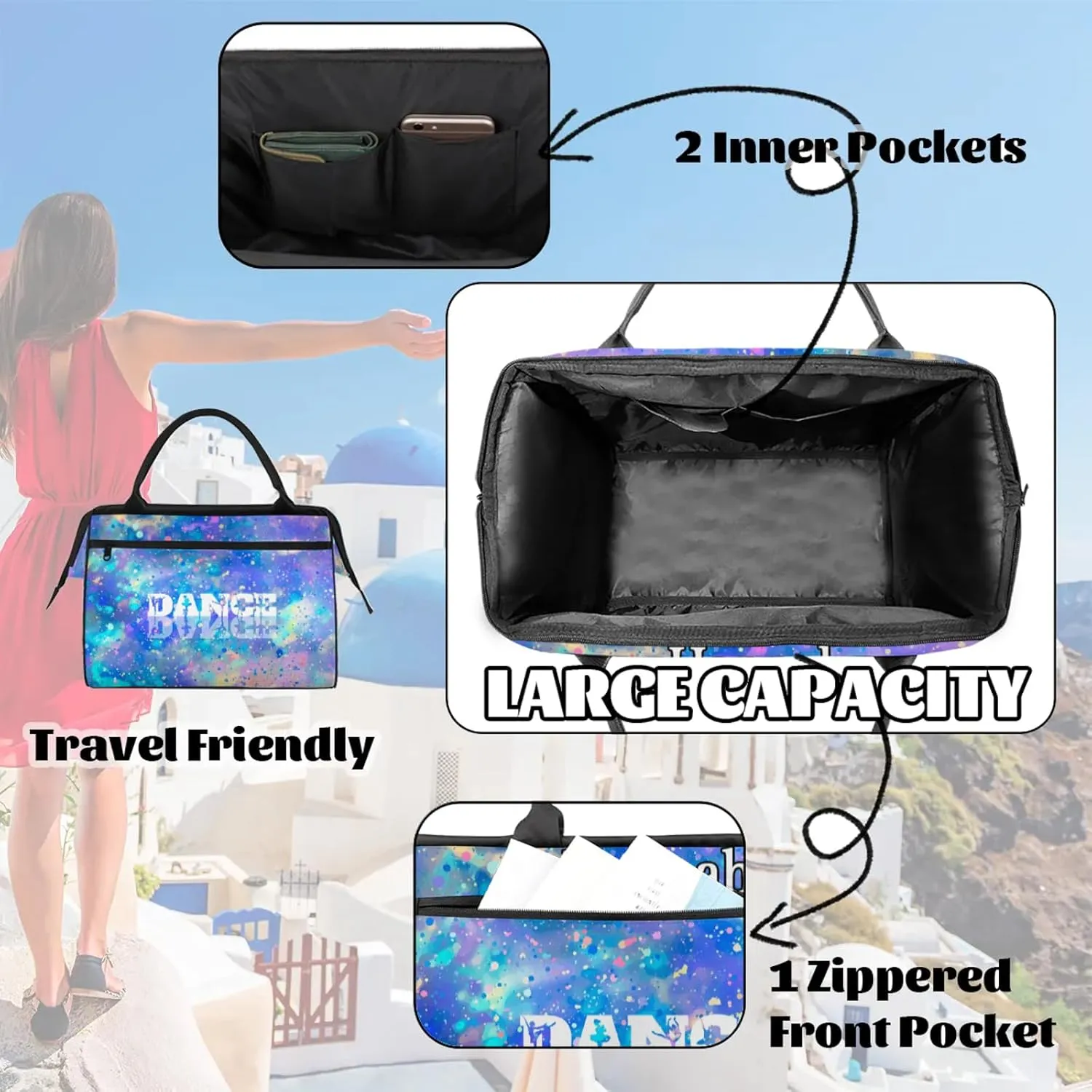Custom Dance Duffel Bag with Name Personalized Sport Gym Bags Waterproof Customized Travel Duffel Bags Overnight Weekender Carry-On Tote 15.2in, Colorful Glitter