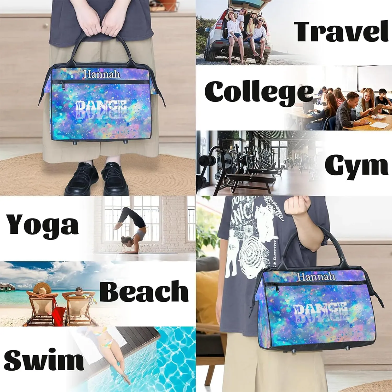 Custom Dance Duffel Bag with Name Personalized Sport Gym Bags Waterproof Customized Travel Duffel Bags Overnight Weekender Carry-On Tote 15.2in, Colorful Glitter