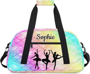 Custom Dance Gym Bags Ballet Personalized Name Sport Overnight Duffel Bags for Girls Weekender Travel Bag Carry On Training Bag, Colorful Mermaid Scale