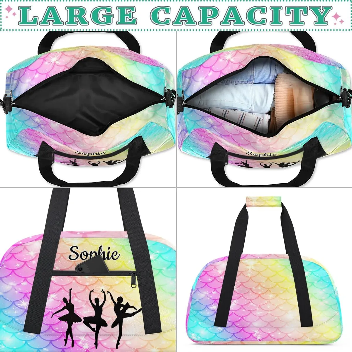 Custom Dance Gym Bags Ballet Personalized Name Sport Overnight Duffel Bags for Girls Weekender Travel Bag Carry On Training Bag, Colorful Mermaid Scale