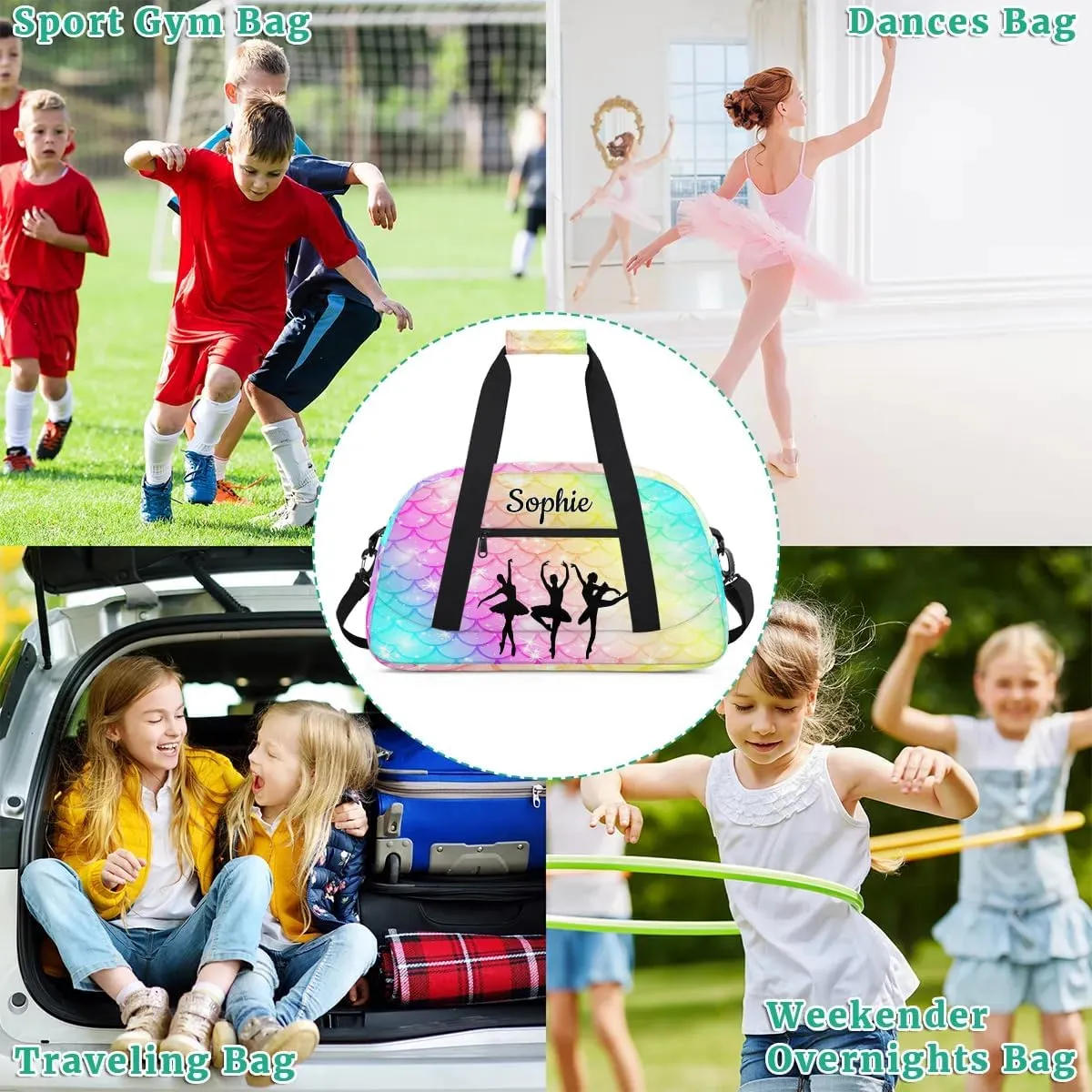 Custom Dance Gym Bags Ballet Personalized Name Sport Overnight Duffel Bags for Girls Weekender Travel Bag Carry On Training Bag, Colorful Mermaid Scale