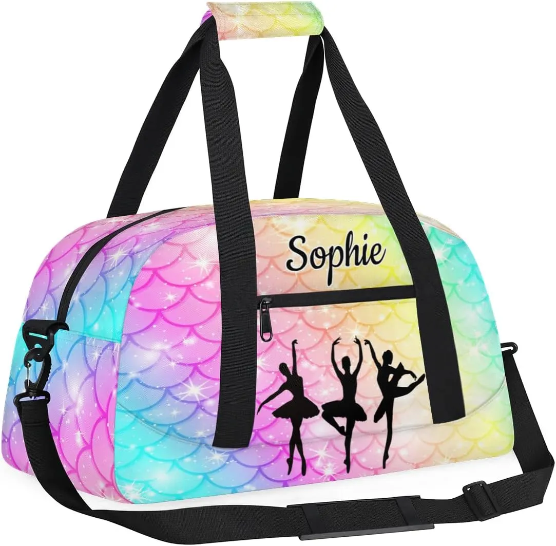 Custom Dance Gym Bags Ballet Personalized Name Sport Overnight Duffel Bags for Girls Weekender Travel Bag Carry On Training Bag, Colorful Mermaid Scale