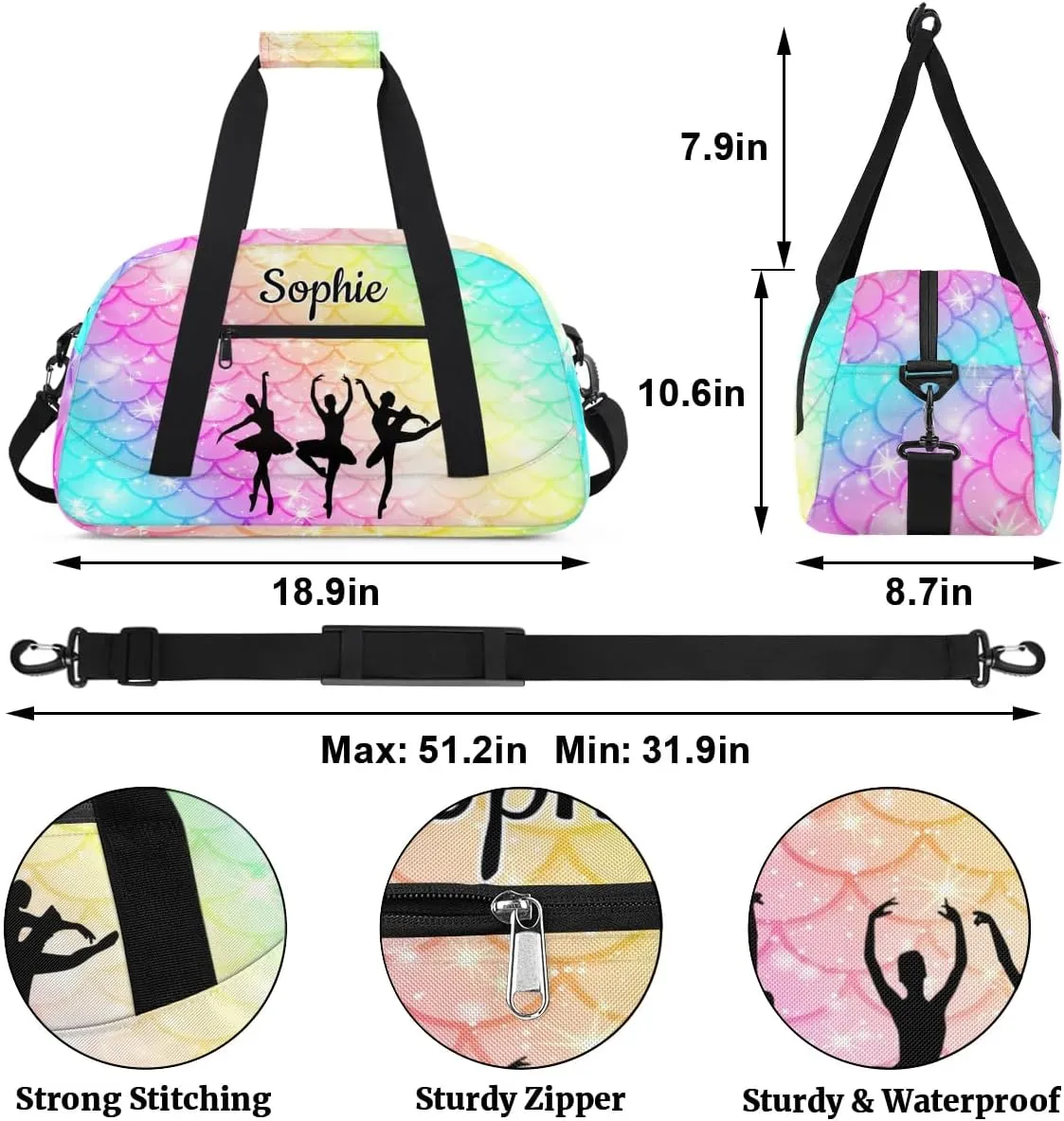 Custom Dance Gym Bags Ballet Personalized Name Sport Overnight Duffel Bags for Girls Weekender Travel Bag Carry On Training Bag, Colorful Mermaid Scale
