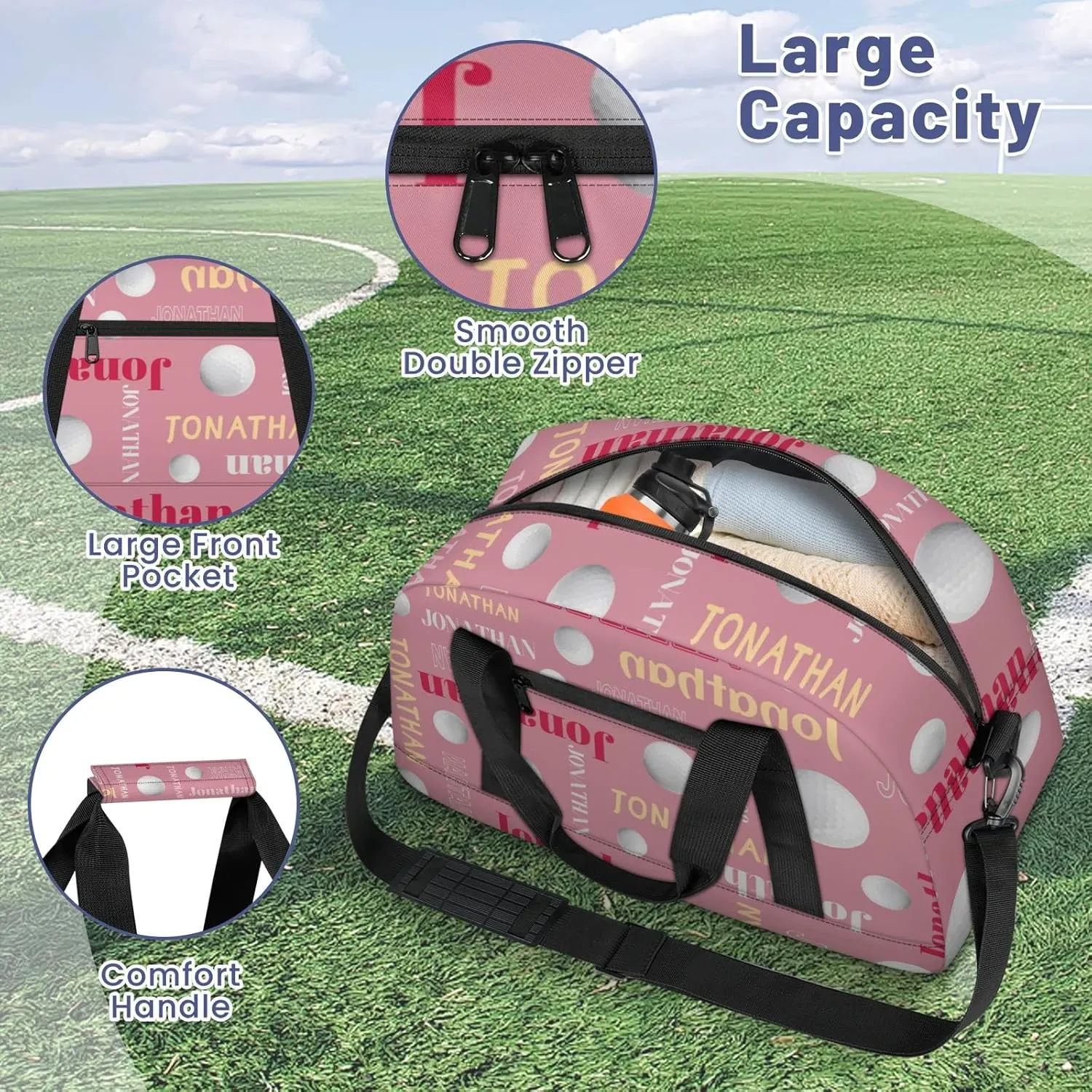 Custom-Personalize-Kids-Duffel-Bags with Name Text Carry-On Overnight Travel Gym Lightweight Dance Sports Bags For Girls Boys Kids Golfball