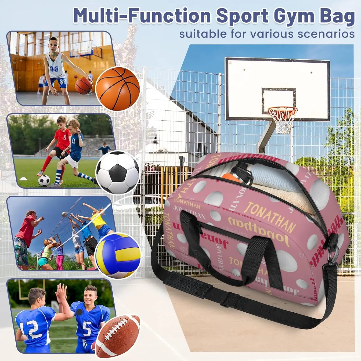 Custom-Personalize-Kids-Duffel-Bags with Name Text Carry-On Overnight Travel Gym Lightweight Dance Sports Bags For Girls Boys Kids Golfball